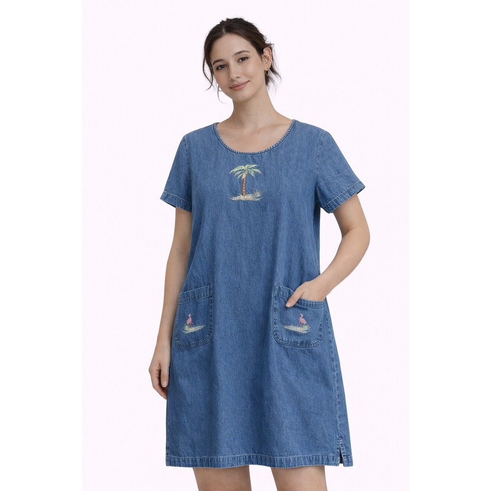 Blue J Denim Dress Women Large Blue Embroidered Palm Tree Flamingo Shift Vintage